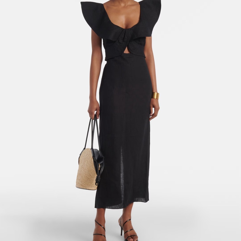 Johanna Ortiz Black Midi Dress with Sweetheart Neckline
